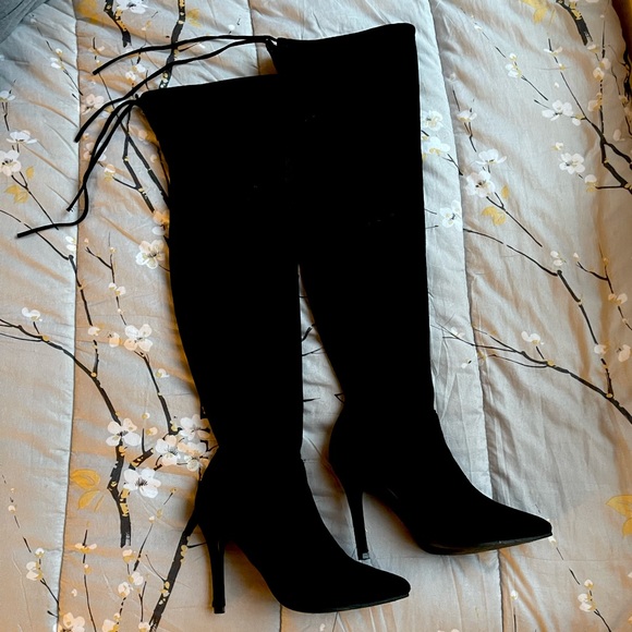 Shoes - Black velvet thigh high boots